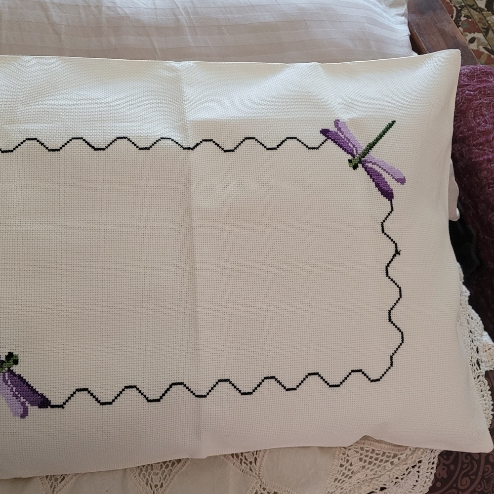 Hand Made Pillow Cases. Cross stitch. Dragonfly. Full size.